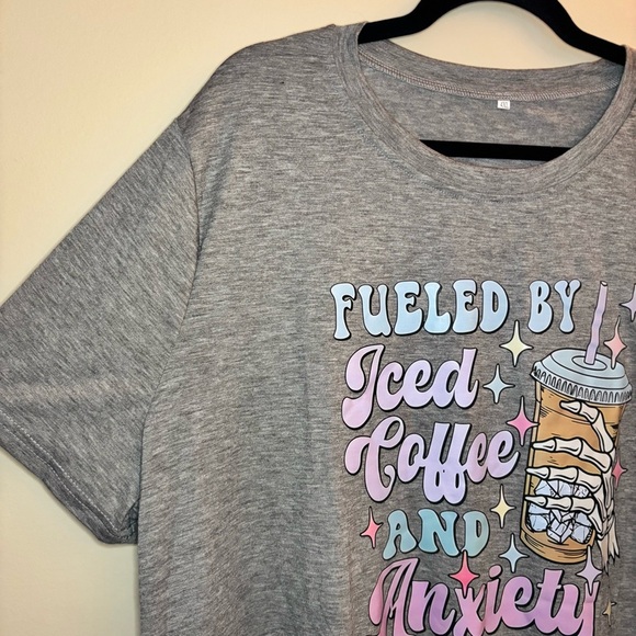 “Fueled By Iced Coffee and Anxiety” Grey Cotton Graphic Tee Size 4X - Picture 5 of 7